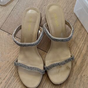 Cult Gaia Tan and Silver Embellished Sandals